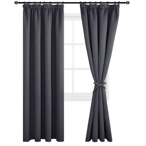 DWCN Dark Grey Curtains Blackout Curtains for Bedroom Thermal Insulated Curtain Pencil Pleat Window Curtains for Living Room with Tiebacks 66 x 90 inch Length, Dark Grey, 2 Panels