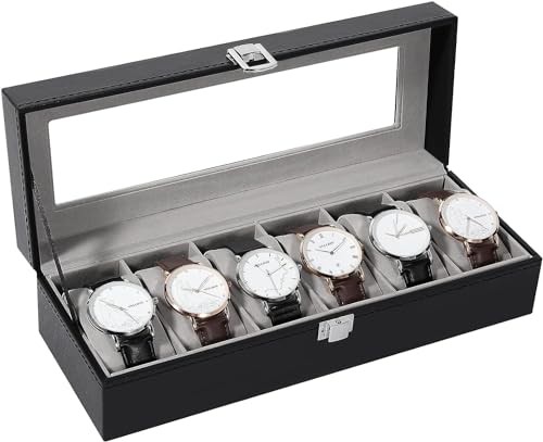 Uten Watch Box 6 Slots, Watch Case with Glass Lid, Watch Display Storage Box for Men and Women, Removable Watch Pillows, Metal Clasp, Black Synthetic Leather, Grey Velvet Lining, Gift Idea