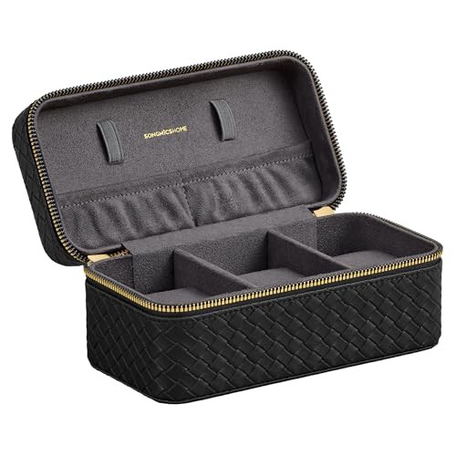 SONGMICS HOME RONNE Collection - 3-Slot Watch Travel Case, Watch Box for 3 Watches, Woven Embossed PU Leather, 10 x 20 x 9 cm, Gift Idea, Ink Black Surface, Slate Grey Lining JWB017G01