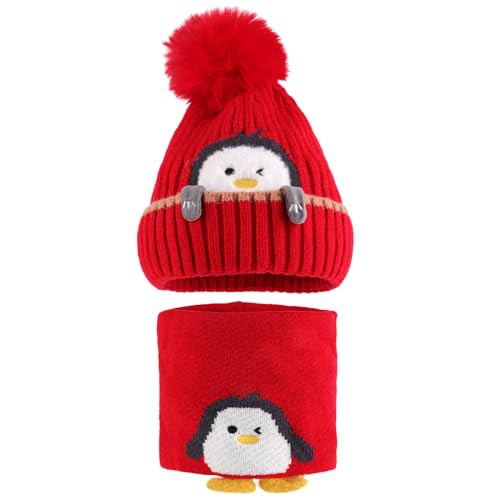 MASOCIO Toddler Hat Scarf Set Winter Boys Girls Baby Kids Bobble Beanie Thermal Knitted Wooly 2 Warm Fleece Neck Warmer 6 9 12 18 Months Snood Caps Age 1-3 Years Red