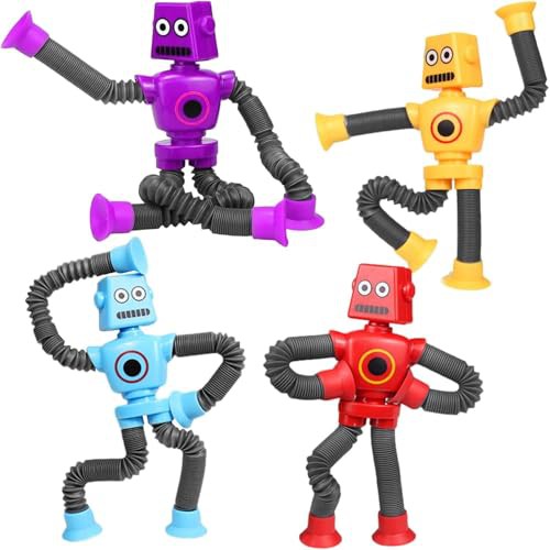 JoyJoyful Fidget Toys for Kids Tubes Robot Toy, 4 Pack Stretchy Toys for Kids & Adults, Baby Sensory Toys for Autism, Bath Toys Toddler Travel Toys for Plane