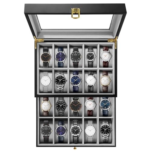 Uten Watch Box 20 Slots, 2-Tier Wood Watch Case with Glass Lid, Watch Display Storage Box for Men and Women, Removable Watch Pillows, Metal Clasp, Piano Lacquer Wood, Black Velvet Lining, Gift Idea