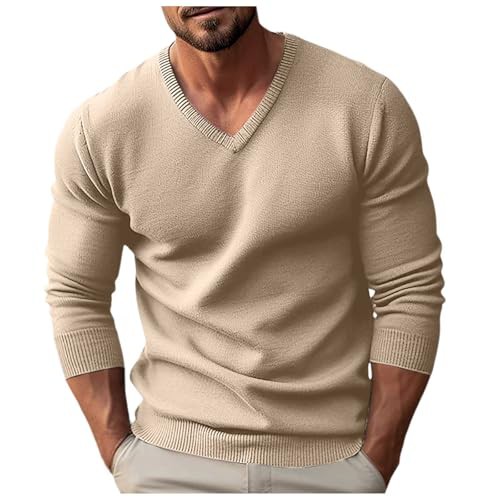 Foweknow Men's Thin Slim Fit Sweater Fashionable Simplicity Knitted Jumper Versatile Fine Knit Autumn Winter Pullover V Neck Plain Regular Fit Long Sleeve Shirt