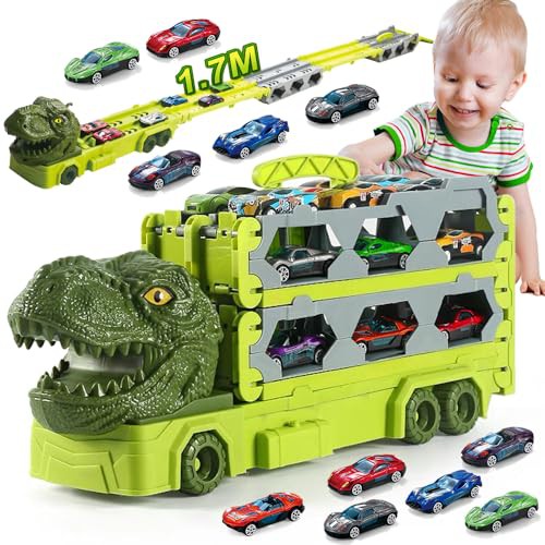 VATOS Transport Truck Toys Cars for Boys Ages 3 4 5 6 7 8, Portable Dinosaur Race Track Truck Toy Car with 6 Race Cars, Best Gift Carrier Truck Vehicles Toys Set for Kids