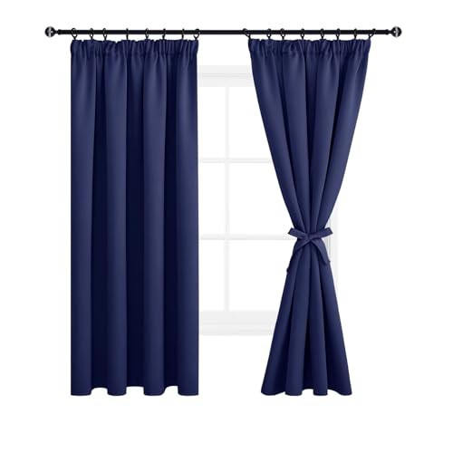 DWCN Blackout Curtains for Bedroom Thermal Insulated Curtain with Tiebacks Pencil Pleat Curtains for Living Room 55 x 69 inch Length, Navy Blue, 2 Panels