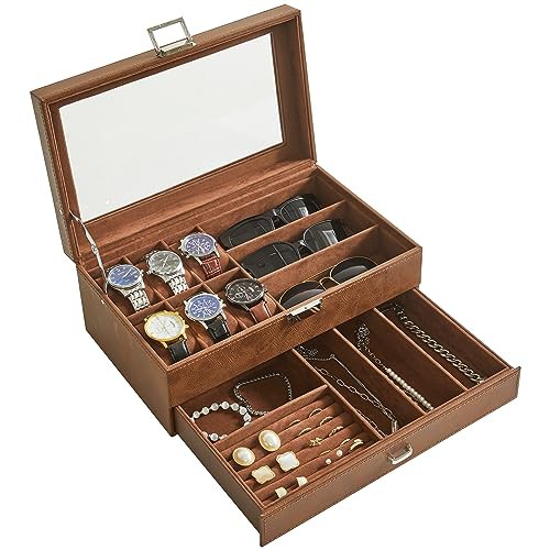 IBUYKE Watch Box 6 Slots PU Leather Watch Case for Men - Jewelry Display Drawer Case with Glass Top,Smooth Velvet Lining JWB002Z