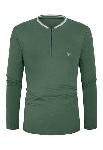 KUYIGO Mens Zip Henley T-Shirt Deer Head Embroidery Tennis Long Sleeve Cotton Tops Regular Slim Fit Shirt
