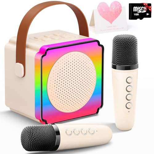 Gontence Karaoke Machine Toy for Kids with 2 Microphones, Gift Card, TF Card, Magical Voice Effects and LED Party Lights, Gifts for Adults, Girls and Boys Aged 3 4 5 6 7 8 Beige