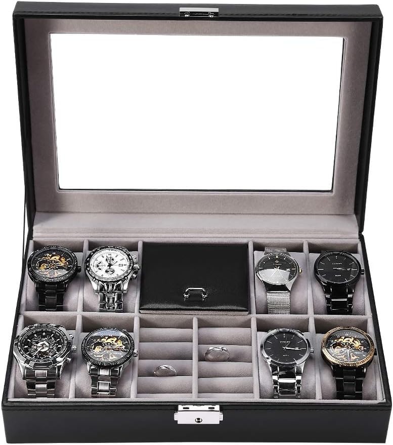 ZiaWorld Watch Box 8 Slots Large Capacity Mens Watch Organizer Faux Leather Jewelry Display Pillow Case Collection Jewelry Storage Box Lockable Watch Case for Storage and Display