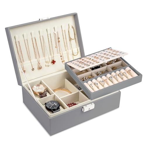 Moseem Jewellery Box Organiser for Women Girls,2-Layer Large Jewellery Organiser Box with 2 Watch Pillows,Removable Tray,PU Leather Jewellery Boxes for Earrings Rings Necklaces Watches Bracelets,Grey