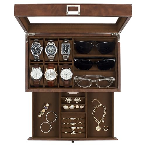 KILHS Watch Box, 6 slots Watch case, 3 Compartment Eyeglass Organizer, Mens Jewellery Box with Clear Glass Lid, Double Layer with Key Lock, Gift, Brown