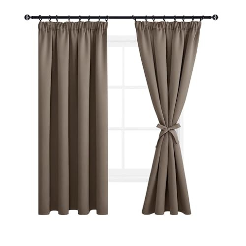 DWCN Wide Curtains with Tiebacks Blackout Curtains Pencil Pleat for Bedroom Thermal Insulated Curtains for Living Room 66 x 72 inch Length, Khaki, 2 Panels