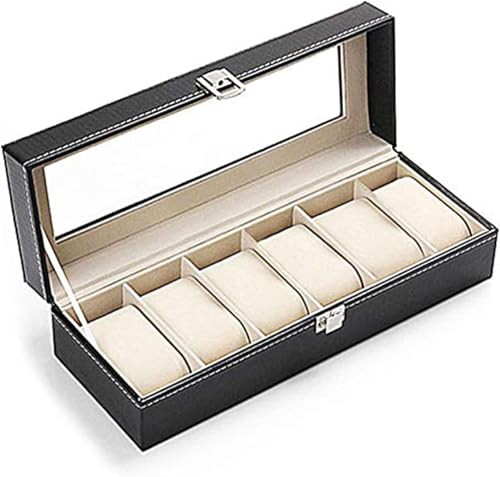 Innotic 6-Slots Watch Box Black Synthetic Leather Watch Display Storage Case with Glass Lid Jewellery Box with Beige Velvet Lining, Cushions and Lock for Men/Women