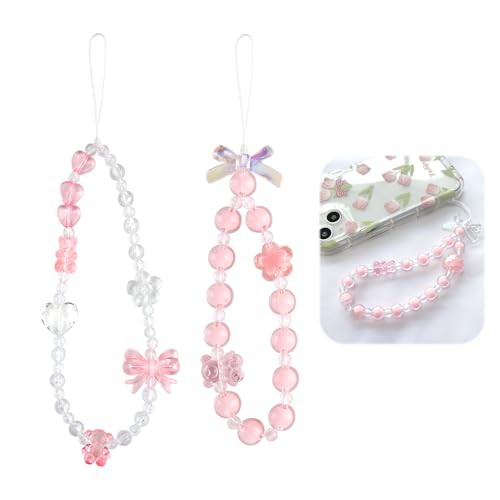 Fascetta 2PCS Phone Charm Bracelet Strap Wrist Mobile Phone Pendant Cute Crystal Heart Bow Flower Beaded Phone Strap Aesthetic Keychain Anti-Lost Phone Decoration Lanyard Charms Accessories