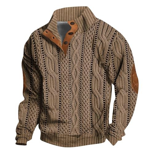 Mens Fashionable Polo Sweatshirt Winter Long Sleeve Cable Knit 3D Printed Button up Jumper Pullover Casual Vintage Ethnic Tribal Graphic Stand Collar Western Sweater with Elbow Patches