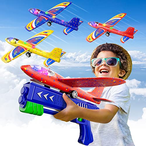Doloowee 3 Pack Airplane Launcher Toys, 12.6 Inch LED Foam Glider Airplane Catapult, 2 Flight Modes, Outdoor Sports Flying Toys 4 5 6 7 8 9 10 11 12 Years Old Boys Girls Birthday Gifts 