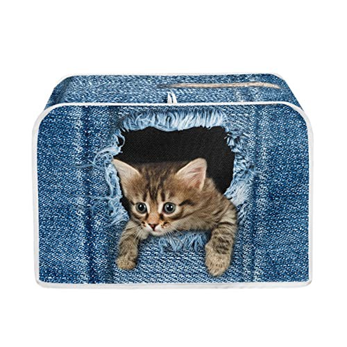 TOADDMOS Denim Blue Cat Print 4 Slice Toaster Cover Kitchen Small Appliance Dust Cover Small Bread Maker Protector,Washable