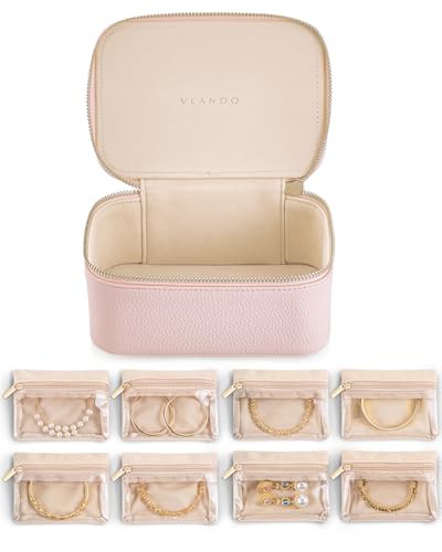 Vlando Travel Jewellery Case,Jewellery Organiser with 8 Jewellery Pouch,PU Leather Jewellery Box for Necklace,Ring,Bracelet,Watch, Gifts for Women, Pink-M