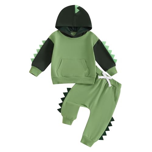 Bufarromio Little Kid Baby Boys Dinosaur Outfits Long Sleeve Serrated Hoodie Elastic Waist Sweatpants Fall Winter 2pcs Clothes Set