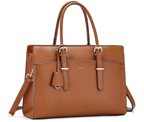 VASCHY Laptop Bag for Women, Vegan Leather Large Work Tote Bag Briefcase,15.6 Computer Bag Ladies Shoulder Handbag for Business Office Teachers,Brown
