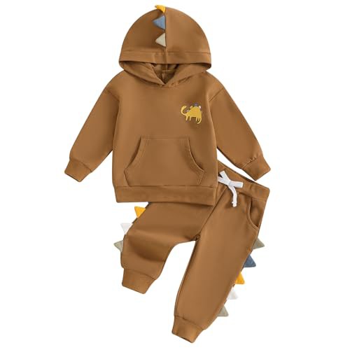 Bufarromio Little Kid Baby Boys Dinosaur Outfits Long Sleeve Serrated Hoodie Elastic Waist Sweatpants Fall Winter 2pcs Clothes Set
