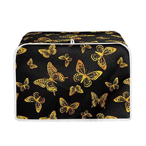 TOADDMOS Gold Butterfly Print Toaster Cover 4 Slice Wide Slot Decorative,Small Kitchen Appliance Bread Maker Dust and Fingerprint Protection