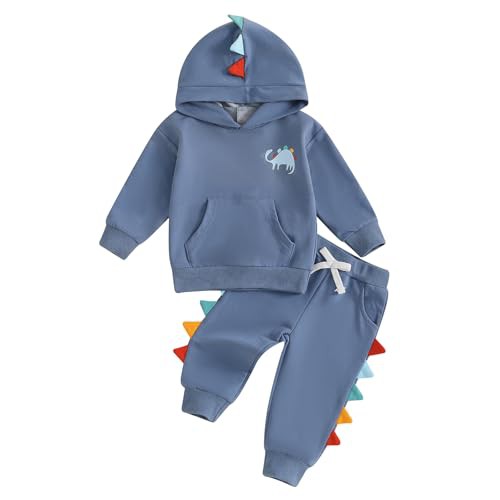 Bufarromio Little Kid Baby Boys Dinosaur Outfits Long Sleeve Serrated Hoodie Elastic Waist Sweatpants Fall Winter 2pcs Clothes Set