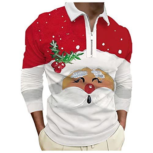 Men's Christmas Fashionable Casual Comfortable 3D Digital Printed Festive Lapel Half-Zip Polo Shirt for Men Adult Long-Sleeved Top Shirt Funky Santa Shirt Printed Short Sleeve Bowling Shirts