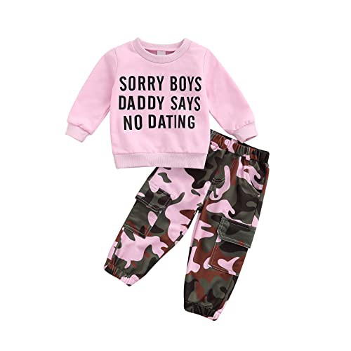 Geagodelia Kid Infant Baby Girl 2Pcs Fall Winter Outfit Letter Sweatshirt Pullover Top Camouflage Trouser Casual Clothes Set