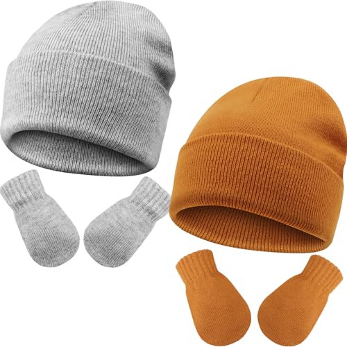 DRESHOW Baby Beanie Hat Mitten Set Infant Toddler Kids Winter Warm Knit Hat with Gloves for 3 Months - 5 Years Girls Boys Children