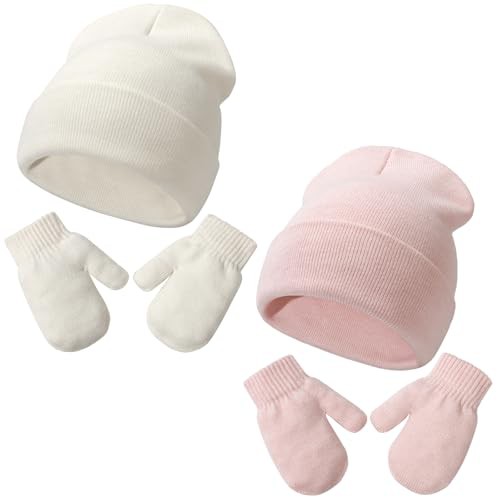 DRESHOW Baby Beanie Hat Mitten Set Infant Toddler Kids Winter Warm Knit Hat with Gloves for 3 Months - 5 Years Girls Boys Children