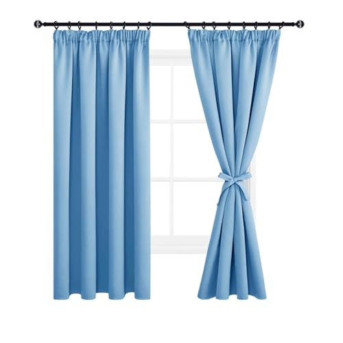DWCN Wide Curtains with Tiebacks Blackout Curtains Pencil Pleat for Bedroom Thermal Insulated Curtains for Living Room 66 x 72 inch Length, Light Blue, 2 Panels