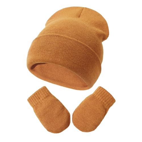 DRESHOW Baby Beanie Hat Mitten Set Infant Toddler Kids Winter Warm Knit Hat with Gloves for 3 Months - 5 Years Girls Boys Children