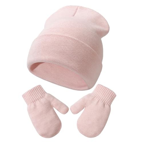DRESHOW Baby Beanie Hat Mitten Set Infant Toddler Kids Winter Warm Knit Hat with Gloves for 3 Months - 5 Years Girls Boys Children