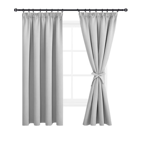 DWCN Blackout Curtains for Bedroom Thermal Insulated Curtain with Tiebacks Pencil Pleat Curtains for Living Room 46 x 54 inch Length, Silver Grey, 2 Panels