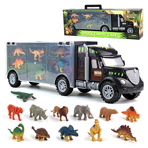 Akokie Dinosaur Toys for Boys Girls - Kids Toys Transport Carrier Truck with Dinosaur Toys Animals Toys 12 Pcs Double Side Storage Set Birthday for Kids Boys Girls 3 4 5 6 Years Old