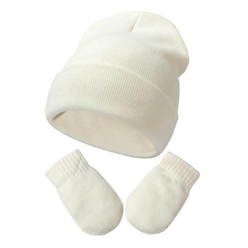 DRESHOW Baby Beanie Hat Mitten Set Infant Toddler Kids Winter Warm Knit Hat with Gloves for 3 Months - 5 Years Girls Boys Children