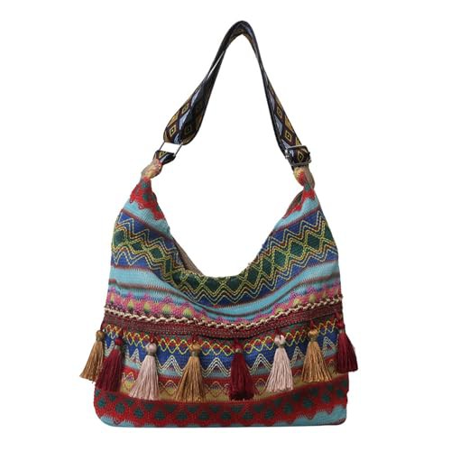 Umimiss Macrame Bag Bule -Straw Handbags for Women Uk,Hippie Bag,Boho Bag,Bohemian Ethnic Crossbody Bags Colorful Tassels,Vintage Ethnic Tribal Embroidered Tassel Sling Crossbody,Hippie Crossbody Bag