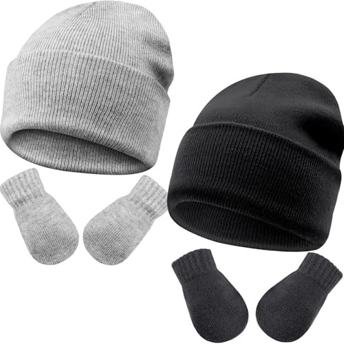 DRESHOW Baby Beanie Hat Mitten Set Infant Toddler Kids Winter Warm Knit Hat with Gloves for 3 Months - 5 Years Girls Boys Children