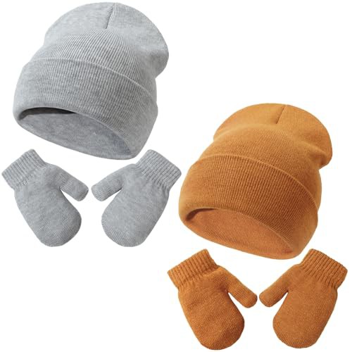 DRESHOW Baby Beanie Hat Mitten Set Infant Toddler Kids Winter Warm Knit Hat with Gloves for 3 Months - 5 Years Girls Boys Children