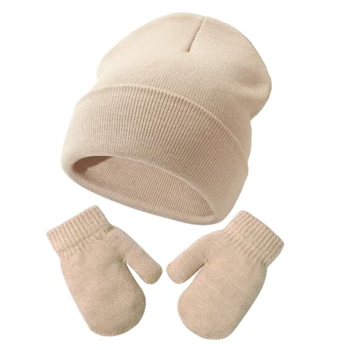 DRESHOW Baby Beanie Hat Mitten Set Infant Toddler Kids Winter Warm Knit Hat with Gloves for 3 Months - 5 Years Girls Boys Children