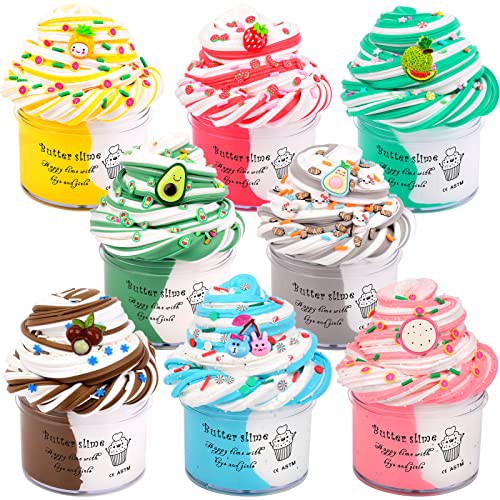 Fluffy Butter Slime Kit for Girls 8 Pack, Stretchy and Non-Sticky, Party Favors with Strawberry, Pineapple, Dragon Fruit, Cantaloupe, Cherry, Stress Relief Toys for Kids, Cute Stuff