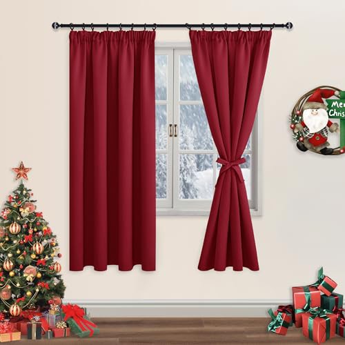 DWCN Wide Curtains with Tiebacks Blackout Curtains Pencil Pleat for Bedroom Thermal Insulated Curtains for Living Room 66 x 72 inch Length, Red, 2 Panels