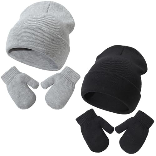 DRESHOW Baby Beanie Hat Mitten Set Infant Toddler Kids Winter Warm Knit Hat with Gloves for 3 Months - 5 Years Girls Boys Children