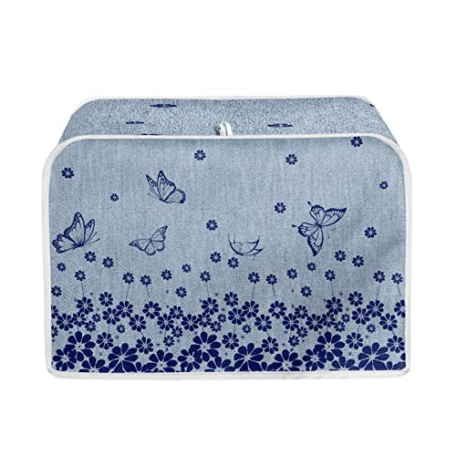 TOADDMOS Blue Butterfly Floral Print Toaster Cover 2 Slice with Top Hook,Kitchen Appliance Cover Toaster Dust and Fingerprint Protection