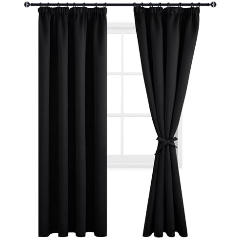 DWCN Blackout Curtains for Bedroom Pencil Pleat Curtains Thermal Insulated Curtain for Home Decoration Room Darkening Drapery Curtain for Halloween Decor Window Treatment 46x90 Black, 2 Panels