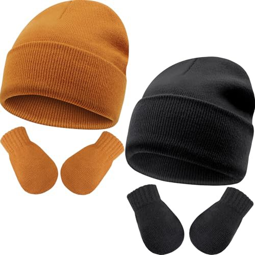 DRESHOW Baby Beanie Hat Mitten Set Infant Toddler Kids Winter Warm Knit Hat with Gloves for 3 Months - 5 Years Girls Boys Children