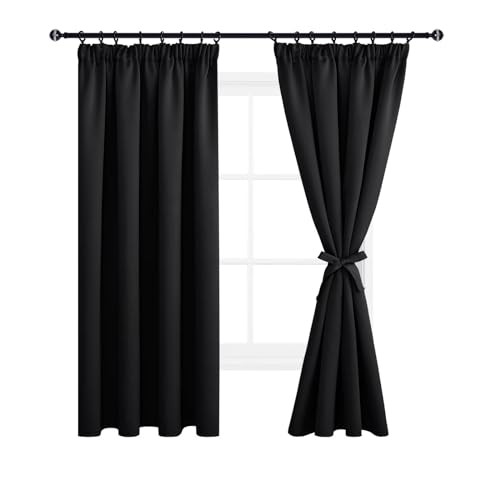 DWCN Blackout Curtains for Bedroom Pencil Pleat Curtains Thermal Insulated Curtain for Home Decoration Room Darkening Drapery Curtains for Living Room 46 x 72 inch Length, Black, 2 Panels