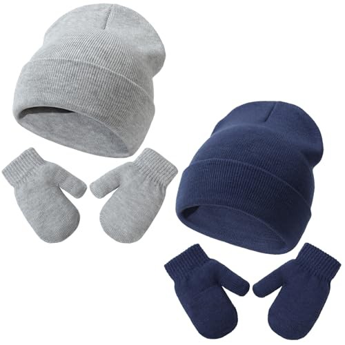 DRESHOW Baby Beanie Hat Mitten Set Infant Toddler Kids Winter Warm Knit Hat with Gloves for 3 Months - 5 Years Girls Boys Children