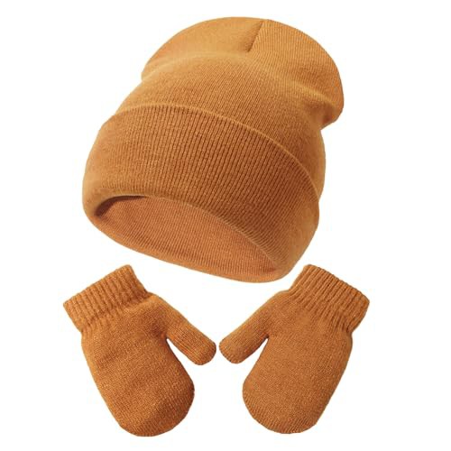 DRESHOW Baby Beanie Hat Mitten Set Infant Toddler Kids Winter Warm Knit Hat with Gloves for 3 Months - 5 Years Girls Boys Children